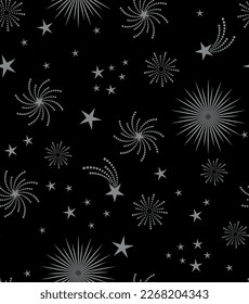 Seamless space boho pattern with stars on a black background for tarot, astrology. Mystical sky, abstract esoteric ornament for flyer, wallpaper, scrapbooking. Vector illustration