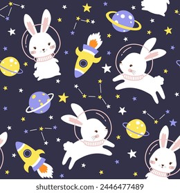 Cohete de conejito espacial sin costuras y patrón de estrellas. Caricatura Kawaii personaje de astronauta de conejo en el universo. Ilustración vectorial.