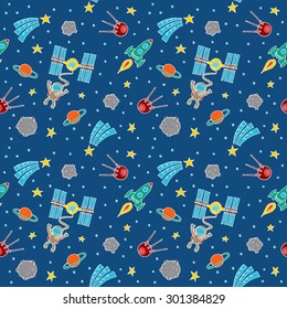 Seamless space doodle with rockets, astronauts, stars and comets