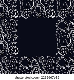 Seamless space frame. Cosmos background. Doodle vector space illustration