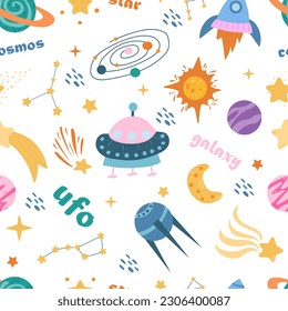 Seamless Space Monsters pattern. Elements of children's space, cute planets and aliens