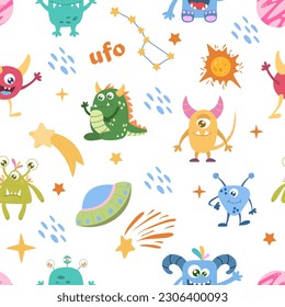Seamless Space Monsters pattern. Elements of children's space, cute planets and aliens