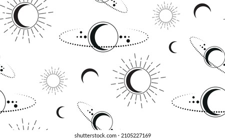 Seamless Space Mystical Sacred geometry. Moon, sun, stars, orbits. Crescent Moon magic pagan Wicca goddess symbol. Alchemy, esoteric, occultism. Vector black  illustration isolated on white background