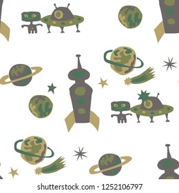 Seamless Space Pattern. Abstract Color Pattern with Aliens, Spaceships, Planets and Stars for Wallpaper, Print, Cotton. Modern Space Kids Pattern with Cute Monsters. Vector Texture.