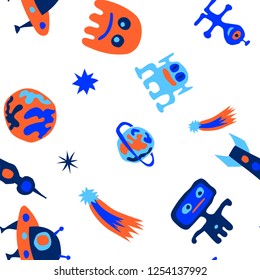 Seamless Space Pattern. Abstract Color Background with Aliens, Spaceships, Planets and Stars for Wallpaper, Print, Cotton. Retro Space Kids Pattern with Cute Monsters. Vector Texture.