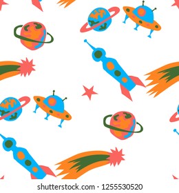 Seamless Space Pattern. Abstract Color Background with Aliens, Spaceships, Planets and Stars for Linen, Paper, Tablecloth. Modern Space Kids Pattern with Cute Monsters. Vector Texture.