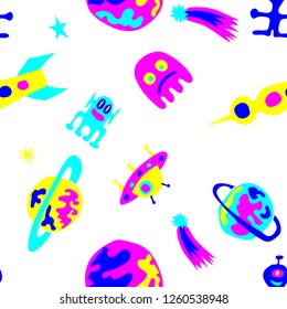 Seamless Space Pattern. Abstract Color Background with Aliens, Spaceships, Planets and Stars for Print, Fabric, Cloth. Vintage Space Kids Pattern with Cute Monsters. Vector Texture.