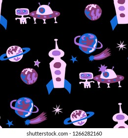 Seamless Space Pattern. Abstract Color Pattern with Aliens, Spaceships, Planets and Stars for Wallpaper, Cotton, Textile. Vintage Space Kids Pattern with Cute Monsters. Vector Texture.