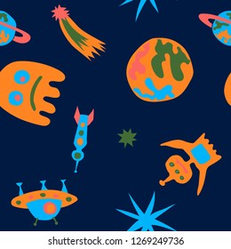 Seamless Space Pattern. Abstract Color Pattern with Aliens, Spaceships, Planets and Stars for Print, Cloth, Fabric. Vintage Space Kids Pattern with Cute Monsters. Vector Texture.