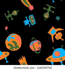 Seamless Space Pattern. Abstract Color Background with Aliens, Spaceships, Planets and Stars for Print, Cloth, Fabric. Modern Space Kids Pattern with Cute Monsters. Vector Texture.