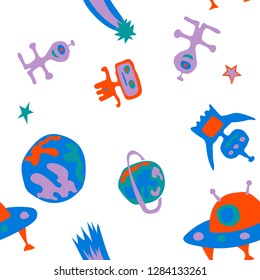 Seamless Space Pattern. Abstract Color Background with Aliens, Spaceships, Planets and Stars for Chintz, Curtain, Paper. Modern Space Kids Pattern with Cute Monsters. Vector Texture.