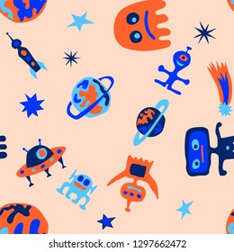 Seamless Space Pattern. Abstract Color Pattern with Aliens, Spaceships, Planets and Stars for Cotton, Calico, Textile. Modern Space Kids Pattern with Cute Monsters. Vector Texture.