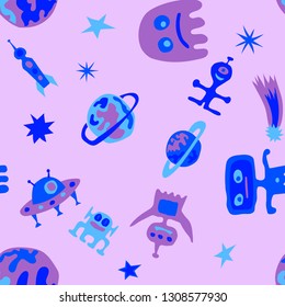 Seamless Space Pattern. Abstract Color Background with Aliens, Spaceships, Planets and Stars for Cotton, Print, Calico. Modern Space Kids Pattern with Cute Monsters. Vector Texture.