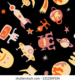 Seamless Space Pattern. Abstract Color Pattern with Aliens, Spaceships, Planets and Stars for Wallpaper, Print, Textile. Modern Space Kids Pattern with Cute Monsters. Vector Texture.