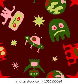 Seamless Space Pattern. Abstract Color Pattern with Aliens, Spaceships, Planets and Stars for Chintz, Linen, Wallpaper. Vintage Space Kids Pattern with Cute Monsters. Vector Texture.