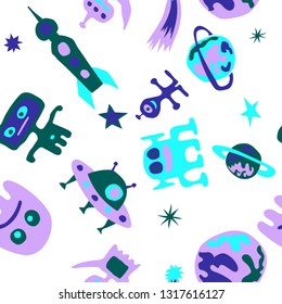 Seamless Space Pattern. Abstract Color Pattern with Aliens, Spaceships, Planets and Stars for Chintz, Curtain, Paper. Trendy Space Kids Pattern with Cute Monsters. Vector Texture.