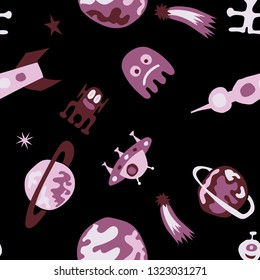 Seamless Space Pattern. Abstract Color Pattern with Aliens, Spaceships, Planets and Stars for Chintz, Curtain, Paper. Retro Space Kids Pattern with Cute Monsters. Vector Texture.