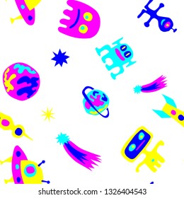 Seamless Space Pattern. Abstract Color Background with Aliens, Spaceships, Planets and Stars for Chintz, Curtain, Paper. Vintage Space Kids Pattern with Cute Monsters. Vector Texture.