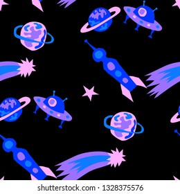 Seamless Space Pattern. Abstract Color Pattern with Aliens, Spaceships, Planets and Stars for Cotton, Print, Textile. Modern Space Kids Pattern with Cute Monsters. Vector Texture.