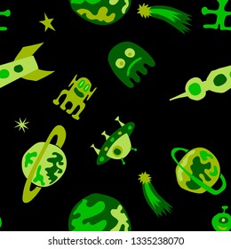 Seamless Space Pattern. Abstract Color Pattern with Aliens, Spaceships, Planets and Stars for Cotton, Print, Textile. Modern Space Kids Pattern with Cute Monsters. Vector Texture.