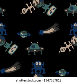 Seamless Space Pattern. Abstract Color Pattern with Aliens, Spaceships, Planets and Stars for Wallpaper, Fabric, Print. Retro Space Kids Pattern with Cute Monsters. Vector Texture.