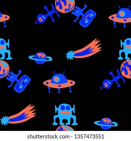 Seamless Space Pattern. Abstract Color Background with Aliens, Spaceships, Planets and Stars for Wallpaper, Cotton, Textile. Trendy Space Kids Pattern with Cute Monsters. Vector Texture.
