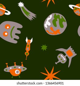 Seamless Space Pattern. Abstract Color Pattern with Aliens, Spaceships, Planets and Stars for Print, Cloth, Fabric. Modern Space Kids Pattern with Cute Monsters. Vector Texture.