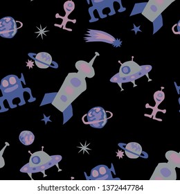 Seamless Space Pattern. Abstract Color Pattern with Aliens, Spaceships, Planets and Stars for Dress, Paper, Tablecloth. Trendy Space Kids Pattern with Cute Monsters. Vector Texture.