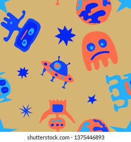 Seamless Space Pattern. Abstract Color Pattern with Aliens, Spaceships, Planets and Stars for Wallpaper, Fabric, Print. Retro Space Kids Pattern with Cute Monsters. Vector Texture.