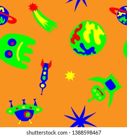 Seamless Space Pattern. Abstract Color Pattern with Aliens, Spaceships, Planets and Stars for Print, Fabric, Textile. Modern Space Kids Pattern with Cute Monsters. Vector Texture.