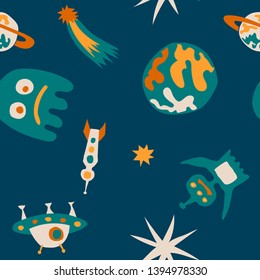 Seamless Space Pattern. Abstract Color Pattern with Aliens, Spaceships, Planets and Stars for Dress, Curtain, Paper. Vintage Space Kids Pattern with Cute Monsters. Vector Texture.