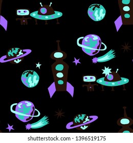 Seamless Space Pattern. Abstract Color Pattern with Aliens, Spaceships, Planets and Stars for Print, Fabric, Cloth. Retro Space Kids Pattern with Cute Monsters. Vector Texture.