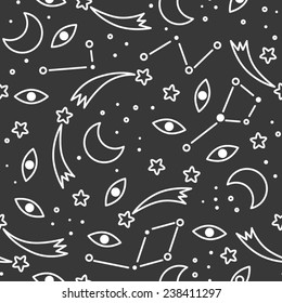 Seamless space pattern. Adventure time style. Kid's elements for scrap-booking. Childish background. Hand drawn vector illustration.