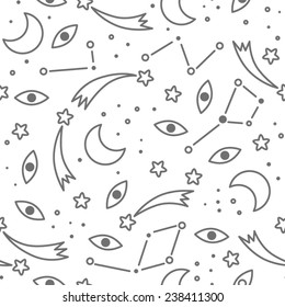 Seamless space pattern. Adventure time style. Kid's elements for scrap-booking. Childish background. Hand drawn vector illustration.
