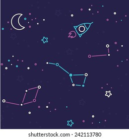 Seamless space pattern. Adventure time style. Kid's elements for scrap-booking. Childish background. Hand drawn vector illustration.