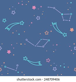Seamless space pattern. Adventure time style. Kid's elements for scrap-booking. Childish background. Hand drawn vector illustration.