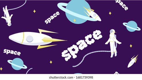 Seamless space pattern with astronaut, rocket and planet.