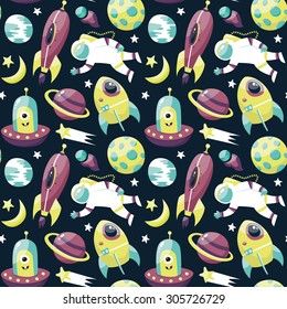 Seamless space pattern with astronaut, stars, comets, planets and space ships