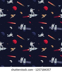 Seamless space pattern with astronauts, rockets, satellites and planets. Included swatch panel.