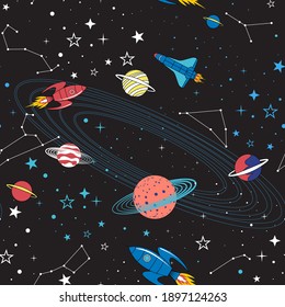 Seamless space pattern. Space background Vector illustration. Template with cartoon space rockets, planets, stars, slogans. illustration for textile, t-shirt prints and other uses. 