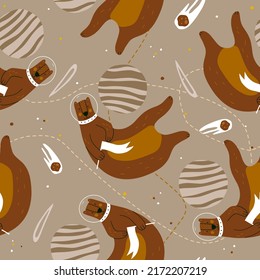 Seamless space pattern with a bear in pastel colors. Fashionable children's wallpaper. Beautiful wrapping paper. Vector background