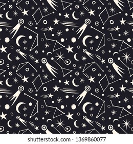 Seamless space pattern. Black-and-white background (monochrome) abstract background. Night starry sky with stars, galaxies, constellations. Universe. Outer space. Hand-drawn vector illustration
