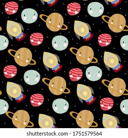 Seamless space pattern. Brown planet with ring, cute fish planet, red planet and rocket. Cartoon spaceship and stars for scrap-booking. Childish background. Hand drawn doodle vector illustration.