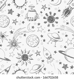 Seamless space pattern. Can be used for wallpaper, pattern fills, textile, web page background, surface textures. Vector illustration.