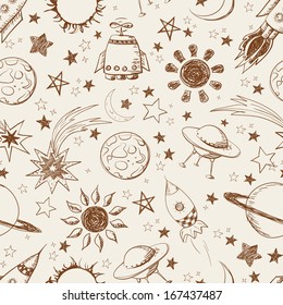 Seamless space pattern. Can be used for wallpaper, pattern fills, textile, web page background, surface textures. Vector illustration. 