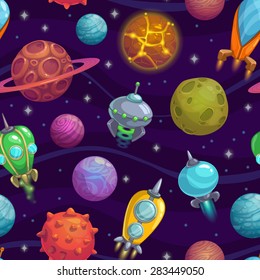 Seamless space pattern with cartoon planets and space ships