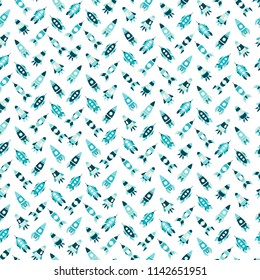 Seamless space pattern.  Cartoon spaceship icons. Kid's elements for scrapbooking, textiles, wallpaper, designer paper. Childish background. Stock Hand drawn vector illustration.