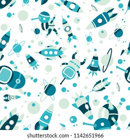 Seamless space pattern.  Cartoon spaceship icons. Kid's elements for scrapbooking, textiles, wallpaper, designer paper. Childish background. Stock Hand drawn vector illustration.