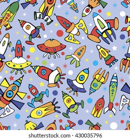 Seamless space pattern.  Cartoon spaceship icons. Kid's elements for scrap-booking. Hand drawn vector illustration.