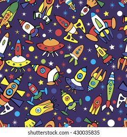 Seamless space pattern.  Cartoon spaceship icons. Kid's elements for scrap-booking. Hand drawn vector illustration.